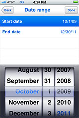 iPhone CME Tracker Date Range Selection Screen
